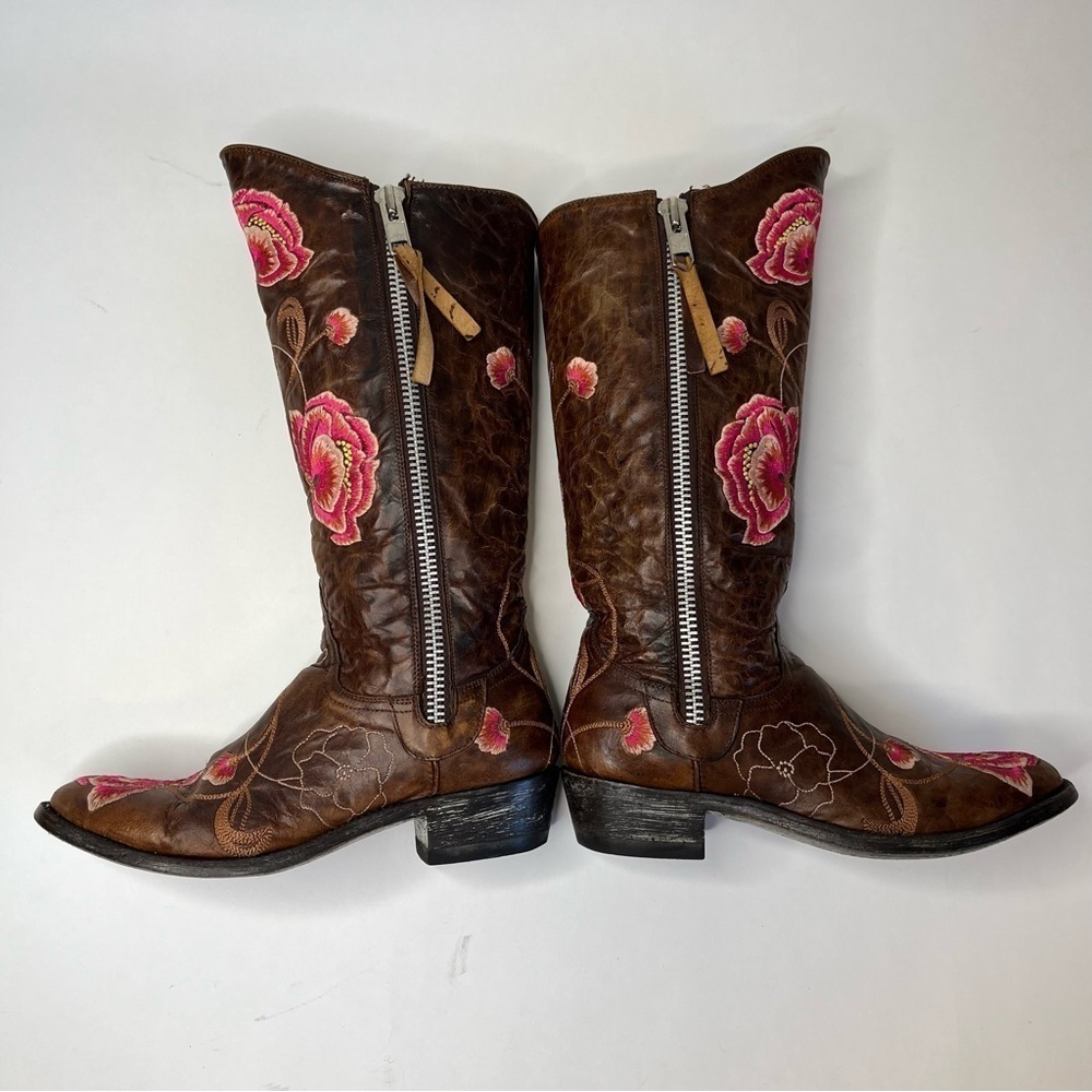 OLD GRINGO Abby Rose Pink Embroidered Floral Distressed Brown Cowboy Biker Boots - Picture 5 of 14
